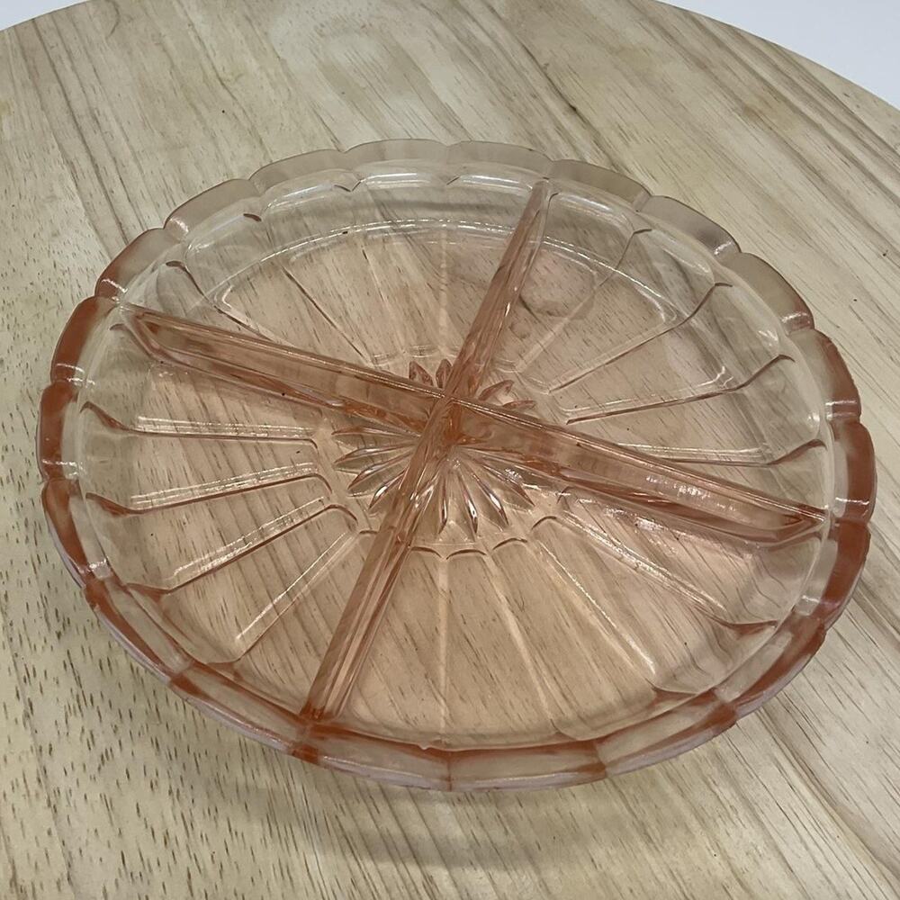 Vintage Pink Pressed Glass Candy Dish Round 4 Section Divided Unmarked Decor
